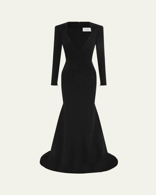 Long Sleeve Mermaid Satin Crepe Paneled Gown
